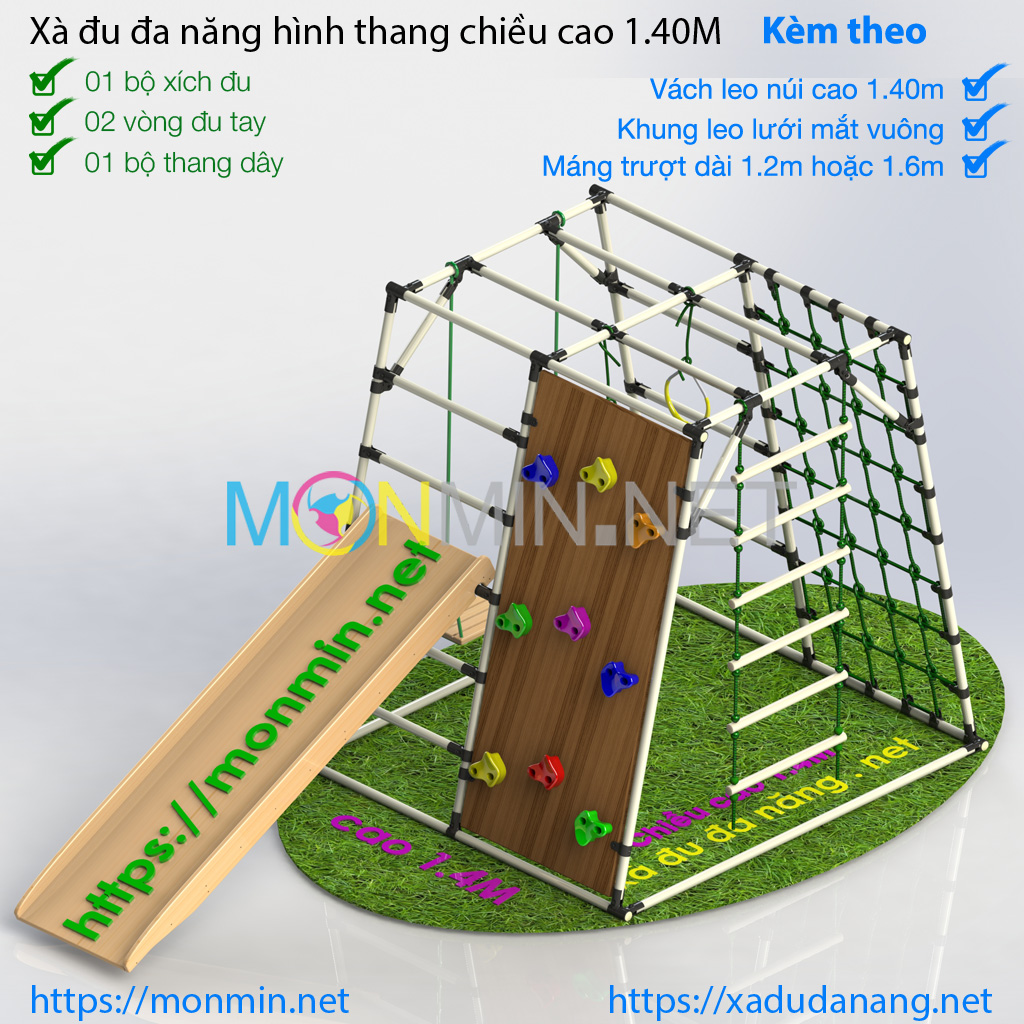 Bộ xà đu vận động đa năng kèm leo núi, kết hợp máng trượt